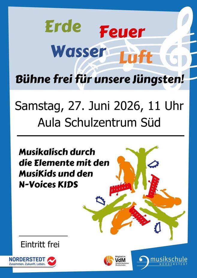 Plakat für ein Kinderkonzert mit bunten Silhouetten und Musikinstrumenten, das am 27. Juni 2026 in Norderstedt stattfindet.