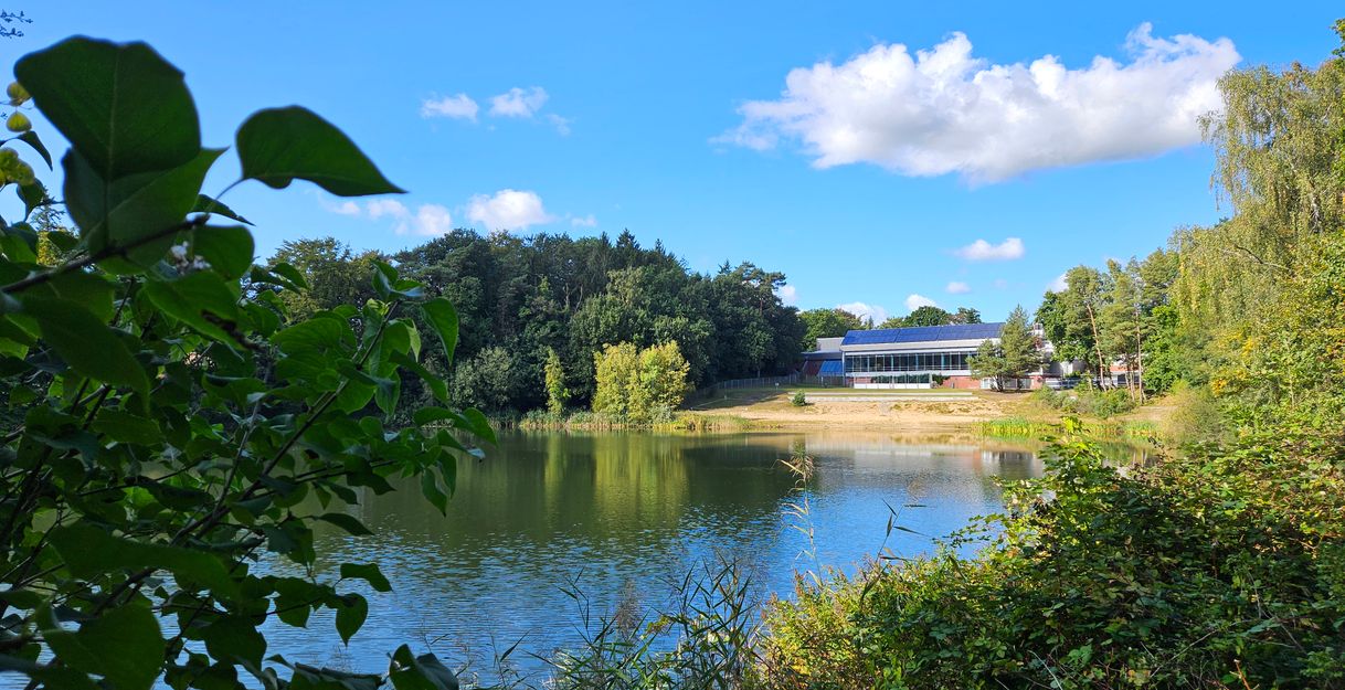 Ein See mit grünem Ufer und einem Gebäude im Hintergrund unter blauem Himmel.