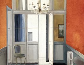 Gemälde eines eleganten Raumes mit offenen Türen, einem Kronleuchter und kariertem Boden.