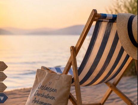 Strandstuhl und Tasche am Strand bei Sonnenuntergang mit Text 'Alles hat seine Zeit'.