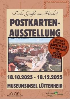 Plakat für eine Postkarten-Ausstellung auf der Museumsinsel Lüttenheid, mit einem historischen Stadtbild und Informationen zur Veranstaltung.