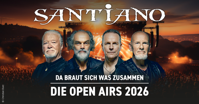 Plakat für das Santiano Open Air 2026 mit Bandmitgliedern vor einer Konzertkulisse bei Sonnenuntergang.