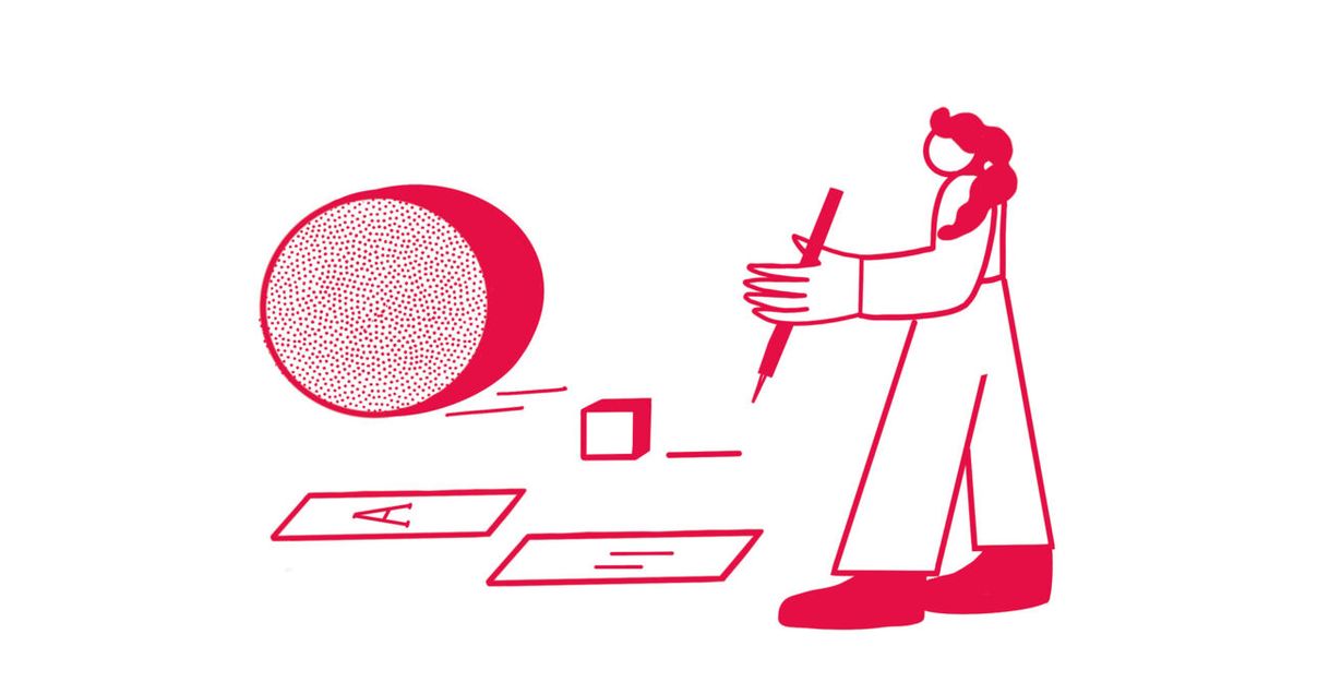 Illustration einer Person mit Stift, geometrischen Formen und Papieren.