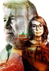 Ein älterer Mann und eine junge Frau sind in einem Raum mit antiken Möbeln überlagert dargestellt.