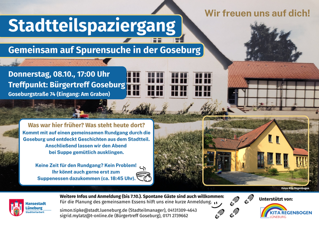 Plakat zum Stadtteilspaziergang „Gemeinsam auf Spurensuche in der Goseburg“ mit Termin, Treffpunkt Bürger*innentreff Goseburg und Foto eines Hauses.
