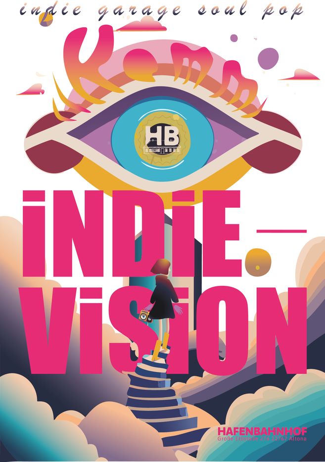 Ein buntes Poster mit dem Titel 'Indie Vision', das ein großes Auge und eine Person auf einer Treppe zeigt.