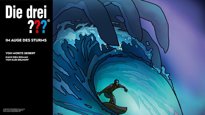 Illustration eines Surfers in einer großen Welle mit einer riesigen Hand darüber.