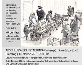 Schwarz-weiß Zeichnung von einer Kofferkontrolle durch einen Beamten. Frauen und Kinder wirken verängstigt.