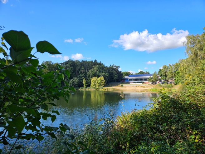 Ein See mit grünem Ufer und einem Gebäude im Hintergrund unter blauem Himmel.