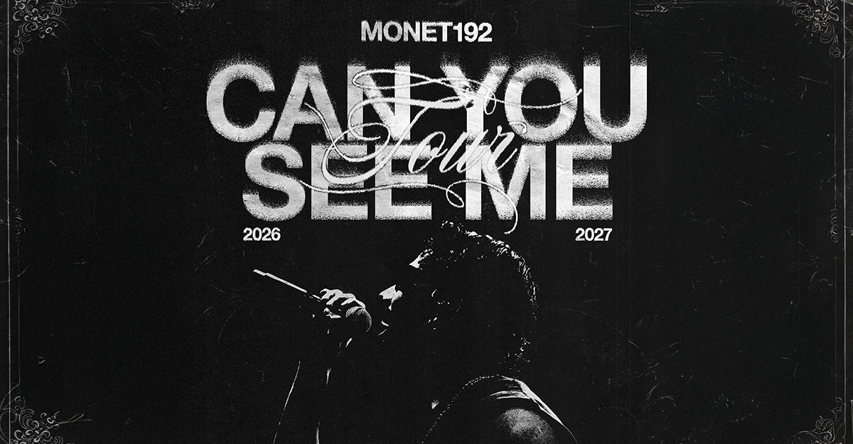 Schwarz-weißes Poster mit einem Sänger im Profil, der ein Mikrofon hält. Text: 'Monet192 - Can You See Me Tour 2026 2027'.