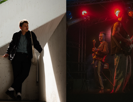 Zwei Bilder nebeneinander: links eine Person in einem Treppenhaus, rechts zwei Musiker auf einer Bühne mit Gitarren.