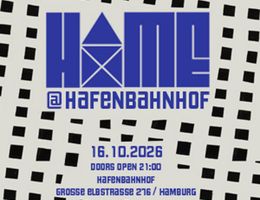 Plakat mit blauem Schriftzug „HOME @ HAFENBAHNHOF“, Datum 16.10.2026 und Adresse Große Elbstraße 276 in Hamburg auf gepunktetem Hintergrund.