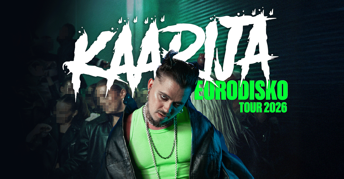 Ein Mann in einem neonfarbenen Outfit posiert vor einer Menschenmenge. Der Text 'Käärijä Eurodisko Tour 2026' ist darüber geschrieben.