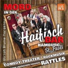 Plakat für das Theaterstück 'Mord in der Haifischbar' mit einer Gruppe von Menschen in Rockmusik-Kleidung.