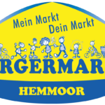 Logo des Bürgermarkts Hemmoor mit gelbem Hintergrund und blauen Figuren.