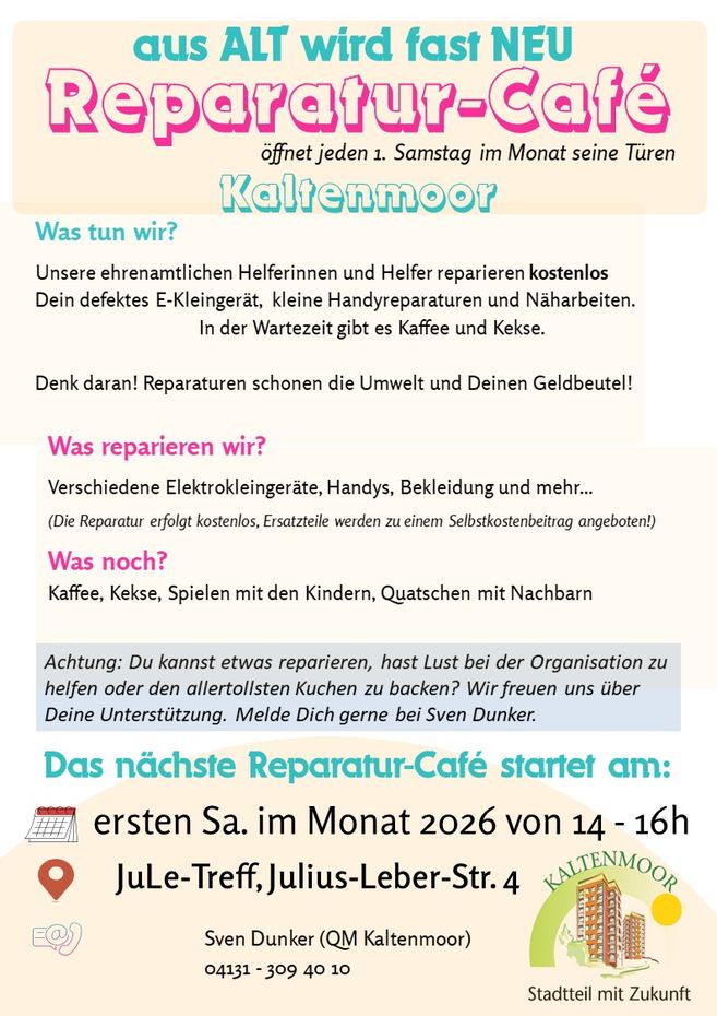 Ein Flyer für ein Reparatur-Café in Kaltenmoor, das jeden ersten Samstag im Monat stattfindet.