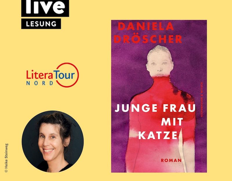 Buchcover von 'Junge Frau mit Katze' und Porträt einer Frau auf gelbem Hintergrund.