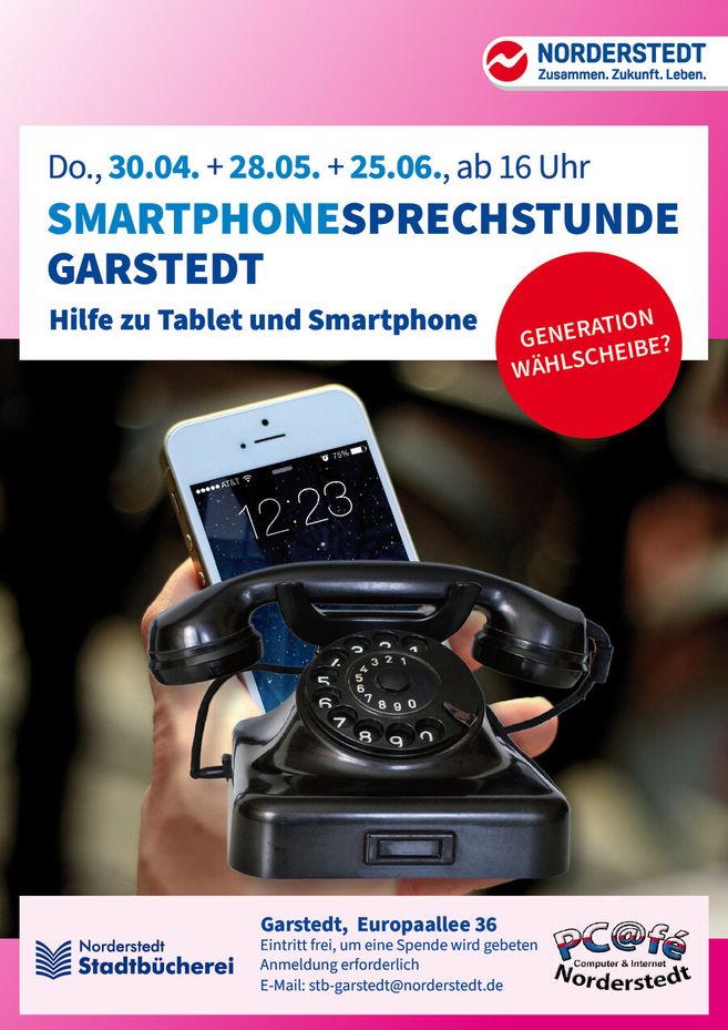Plakat für eine Smartphonesprechstunde in Garstedt mit einem alten Wählscheibentelefon und einem Smartphone im Hintergrund.