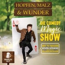 Plakat für eine Comedy-Magic-Show mit einem Magier, der aus einer übergroßen Spielkarte heraustritt.