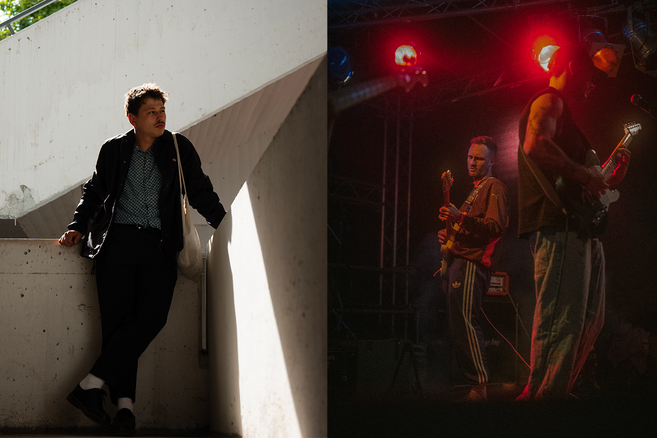 Zwei Bilder nebeneinander: links eine Person in einem Treppenhaus, rechts zwei Musiker auf einer Bühne mit Gitarren.