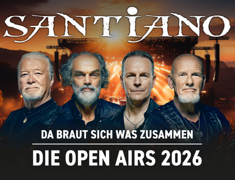 Plakat für das Santiano Open Air 2026 mit Bandmitgliedern vor einer Konzertkulisse bei Sonnenuntergang.