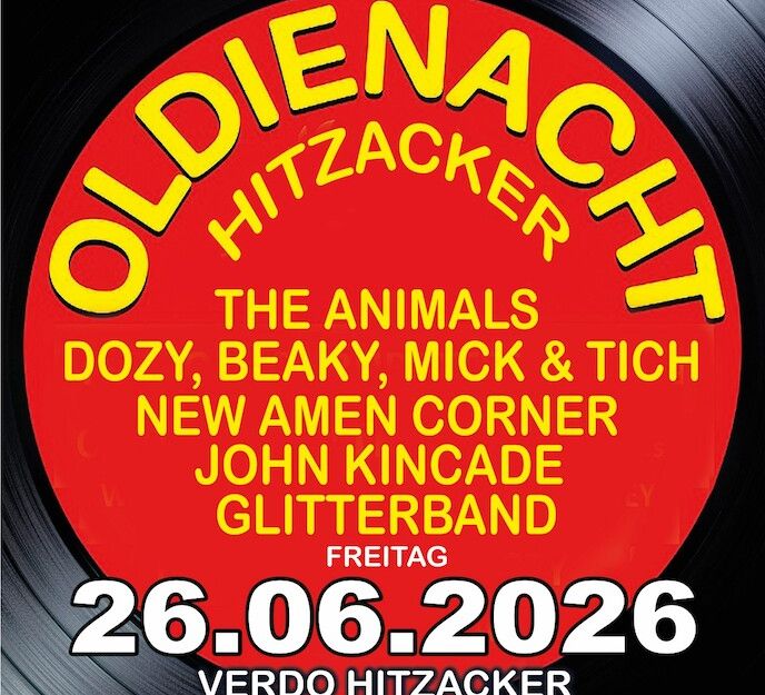 Plakat für Oldienacht Hitzacker am 26.06.2026 mit Bands der 60er und 70er Jahre.