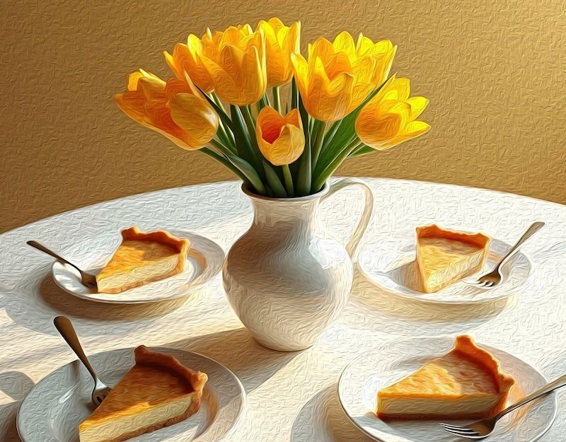 Ein runder Tisch mit vier Tellern, auf denen Kuchenstücke liegen, und einer Vase mit gelben Tulpen in der Mitte.