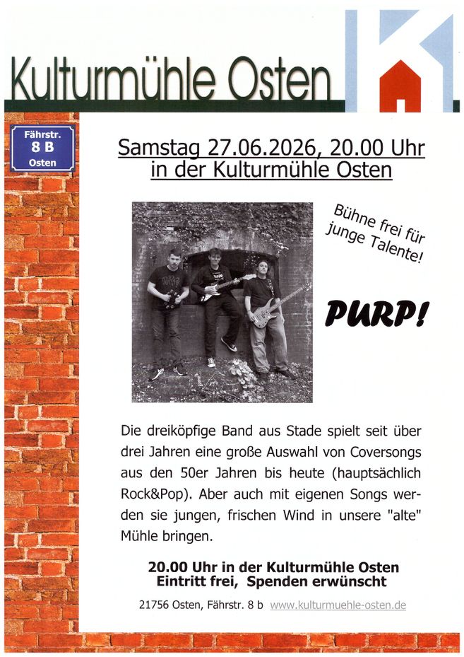 Flyer für ein Konzert der Band PURP! in der Kulturmühle Osten am 27.06.2026.