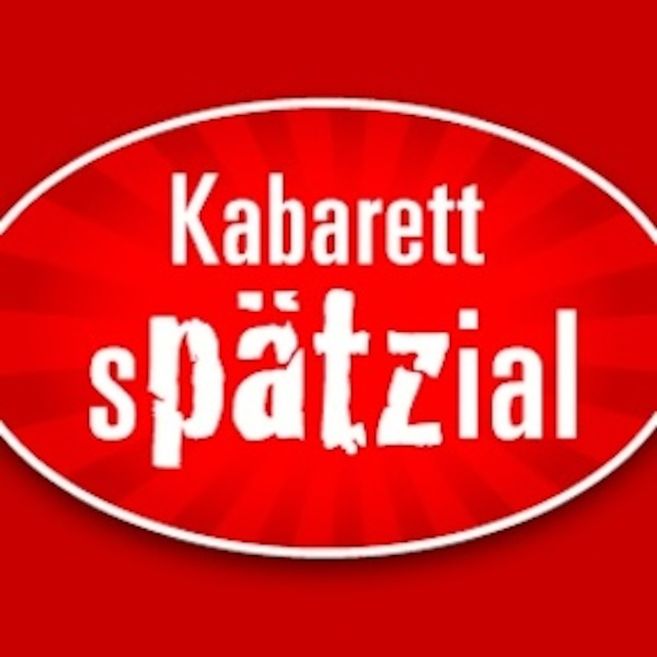 Logo von Kabarett sPÄTZial auf rotem Hintergrund.