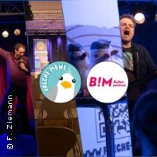 Collage mit Stand-Up-Comedians und Logos von 'Freche Möwe' und 'B!M Kulturzentrum'.