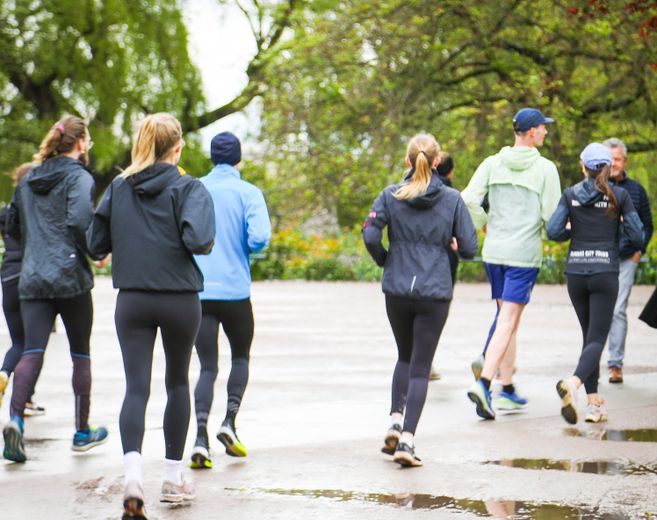 Eine Gruppe von Menschen joggt durch einen Park mit Bäumen im Hintergrund.