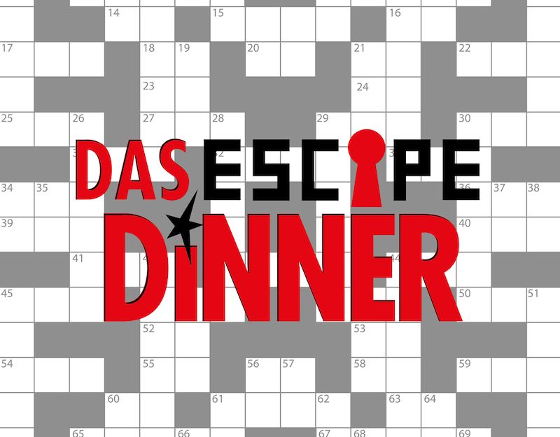 Logo von 'Das Escape Dinner' auf einem Kreuzworträtsel-Hintergrund.