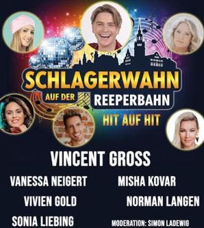 Poster für das Event 'Schlagerwahn auf der Reeperbahn' mit Bildern von Künstlern und deren Namen.