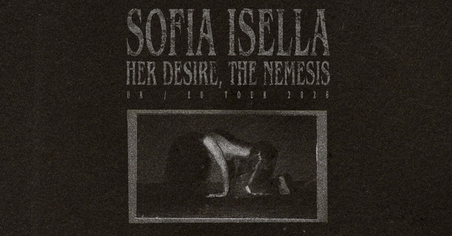Poster für Sofia Isellas Tour 2026 mit dem Titel 'Her Desire, The Nemesis'.