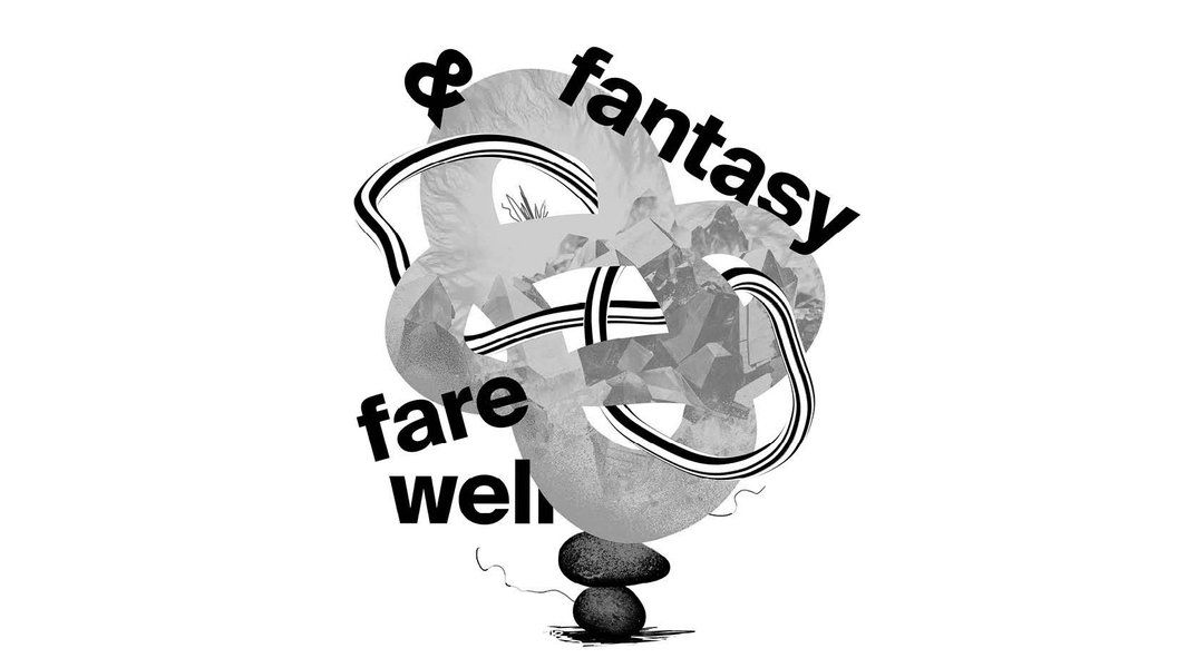 Abstrakte Grafik mit den Worten 'fantasy' und 'farewell' in Schwarz-Weiß.