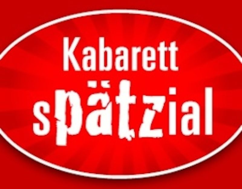 Logo von Kabarett sPÄTZial auf rotem Hintergrund.