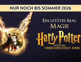 Werbung für das Theaterstück 'Harry Potter und das verwunschene Kind' mit einer Uhr und magischen Effekten.