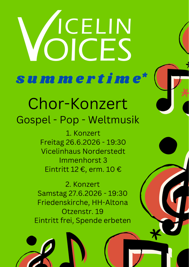Plakat für das Chor-Konzert 'Vicelin Voices Summertime' mit Terminen und Veranstaltungsorten.