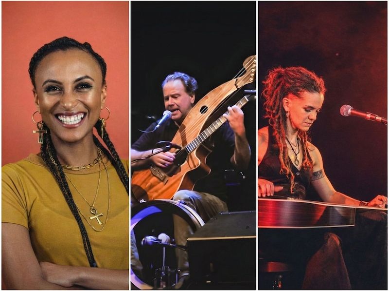 Musiker spielt Harfengitarre auf der Bühne.