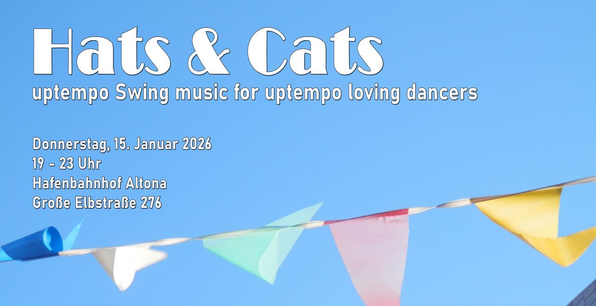 Einladung zu einer Swing-Musikveranstaltung mit bunten Wimpeln vor blauem Himmel.