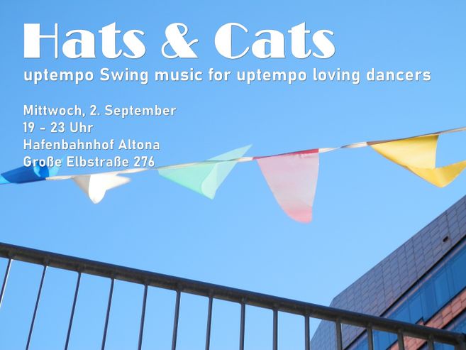 Einladung zu einem Swing-Musik-Event mit bunten Wimpeln vor blauem Himmel.