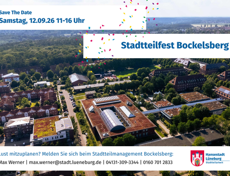 Luftaufnahme eines Stadtteils mit Ankündigung für das Stadtteilfest Bockelsberg am 12.09.26 von 11 bis 16 Uhr.