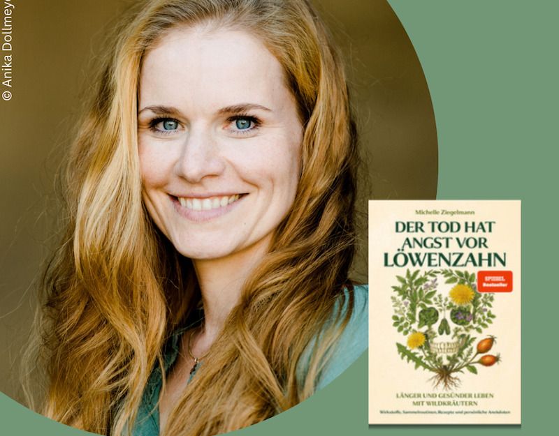 Porträt einer lächelnden Frau mit langem Haar und einem Buchcover mit dem Titel 'Der Tod hat Angst vor Löwenzahn'.