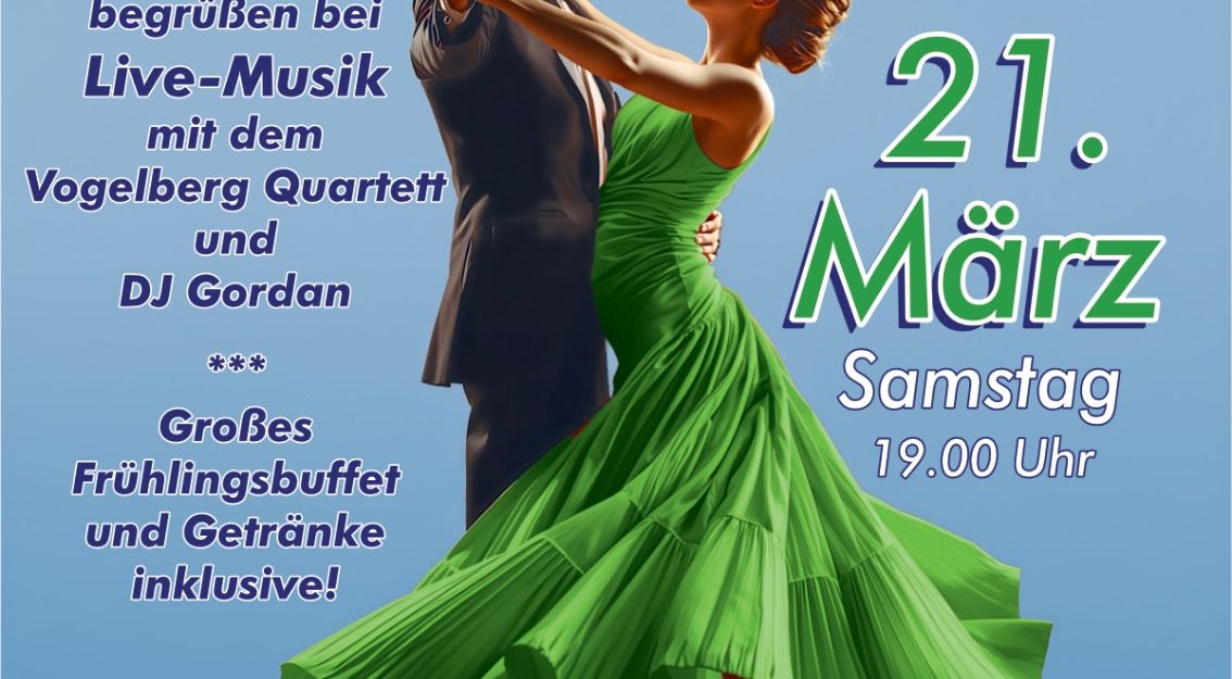 Plakat für den 1. Neustädter Frühlingsball mit tanzendem Paar und Veranstaltungsdetails.