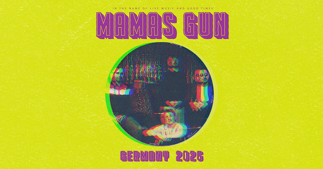 Poster der Band Mamas Gun mit psychedelischen Farben und Tourdaten für Deutschland 2026.