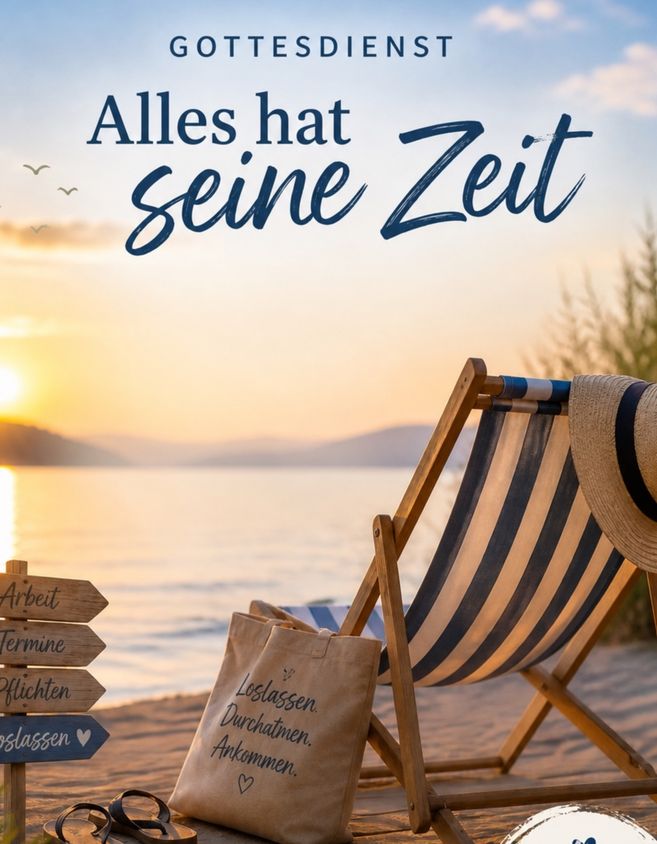 Strandstuhl bei Sonnenuntergang mit Schriftzug 'Alles hat seine Zeit'.