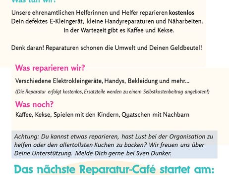 Ein Flyer für ein Reparatur-Café in Kaltenmoor, das jeden ersten Samstag im Monat stattfindet.